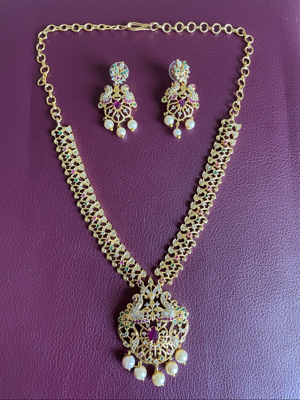 Gold Filigree Pearl Drop Necklace and Earring Set - Women Jewelry